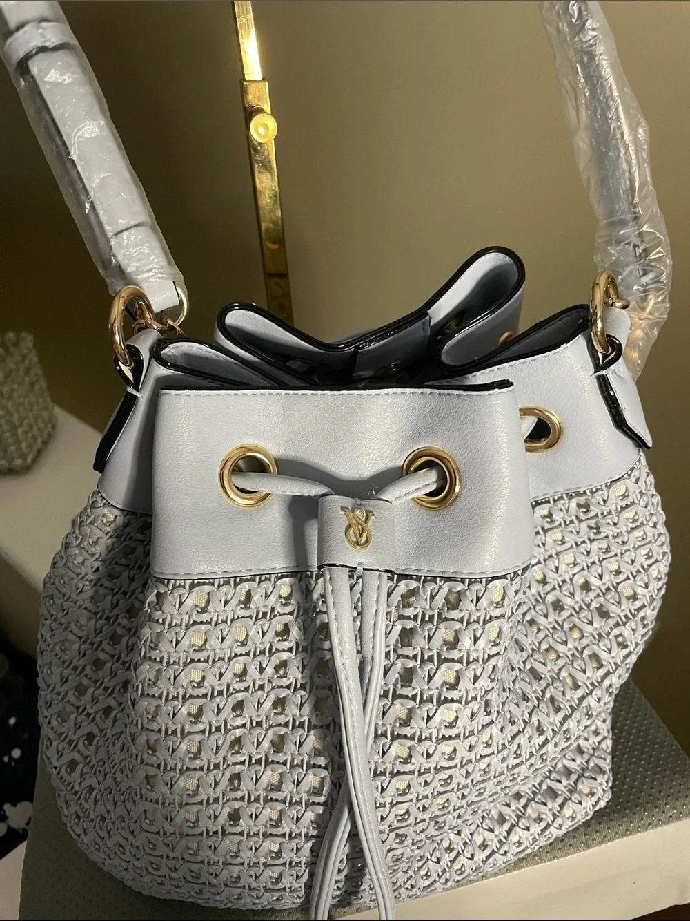 Victoria's Secret Light Blue Woven Drawstring Hobo with Gold Hardware